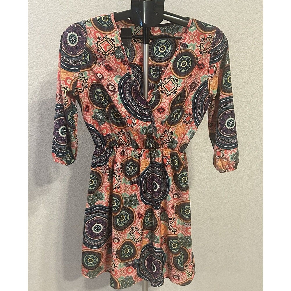 Yahada USA Boho Paisley Geometric Mini Dress Small S V-Neck 3/4 Sleeve Festival